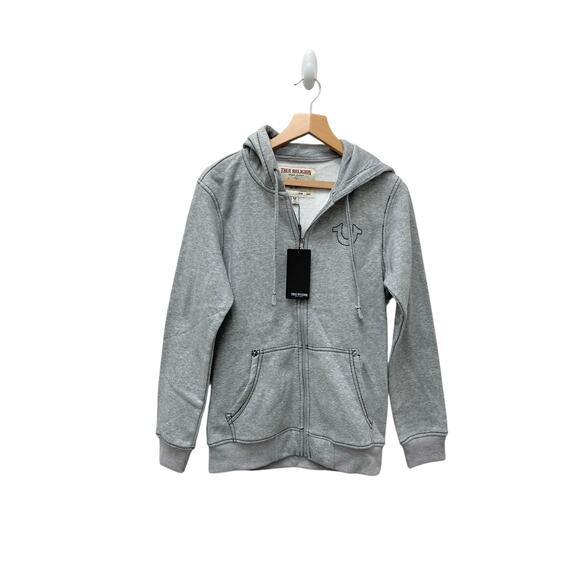 NWT True Religion Big T Zip Up Hoodie Heather Gray Jet Black Men’s Size Small - Picture 2 of 8